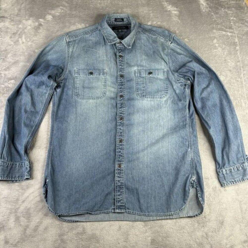 Vintage Tommy Hilfiger Shirt Mens Large Blue Denim‎ Chambray Pocket Long Sleeve